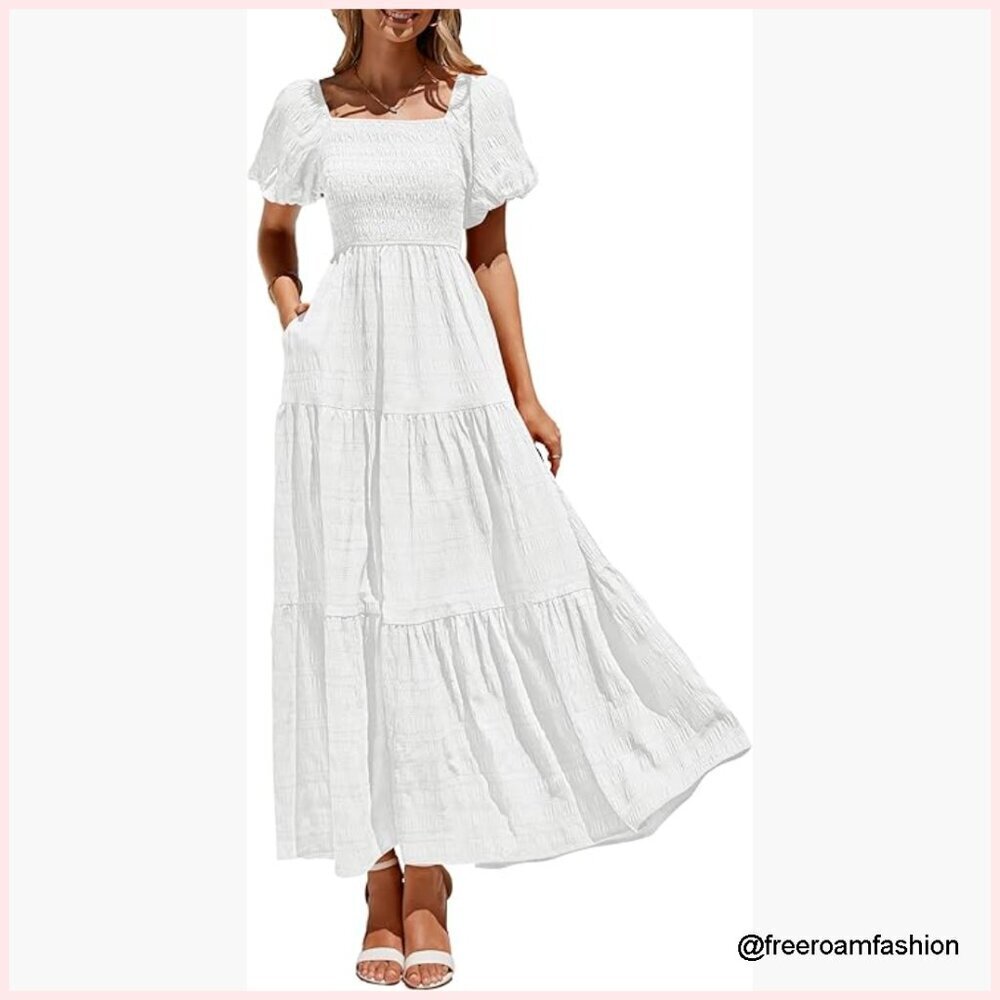 Summer Maxi Dress Puff Short Sleeve Square Neck Smocked Tiered Ruffle
